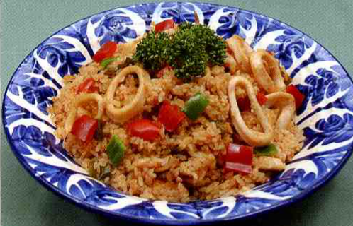 いかピラフとキノコのピリ辛マリネ