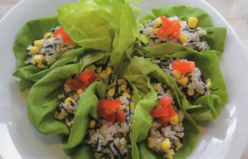 ヘルシーライスのサラダ菜巻きとナスとエビのチリソース