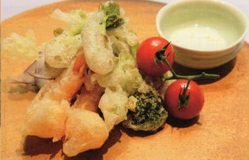 シジミとセリのペンネ揚げ焼き野菜の温サラダ