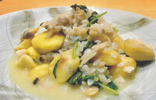 栗とアサリのチーズリゾットと栗けんちんの漬けそば