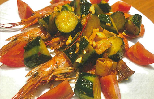 赤エビとキュウリの香味炒めと 米ナスとカボチャの唐揚げ西京みそソース