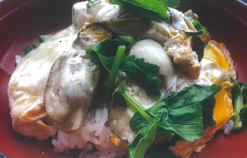 カキとセリの卵とじと切りたんぽのお焦げ風